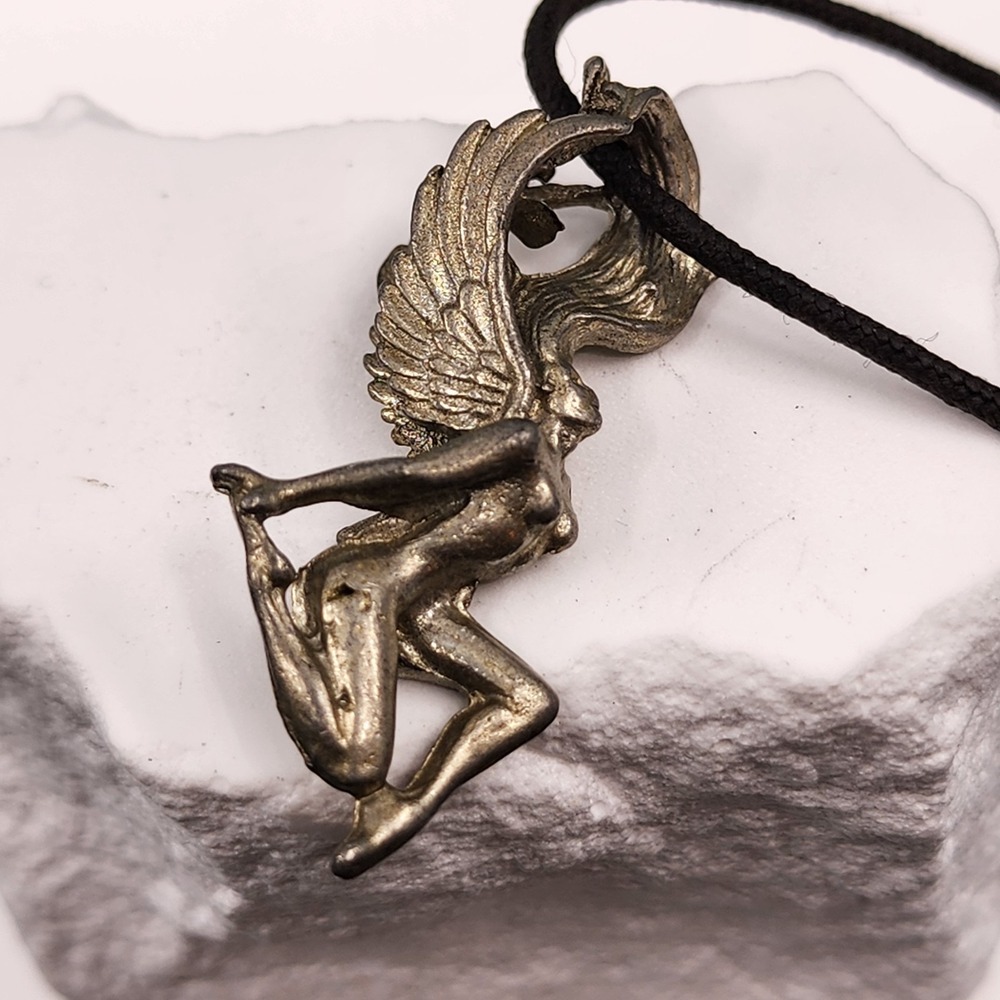 Antiqued Silver Tone Fairy Pendant Necklace Black Cord Ren Faire Fantasy Gift